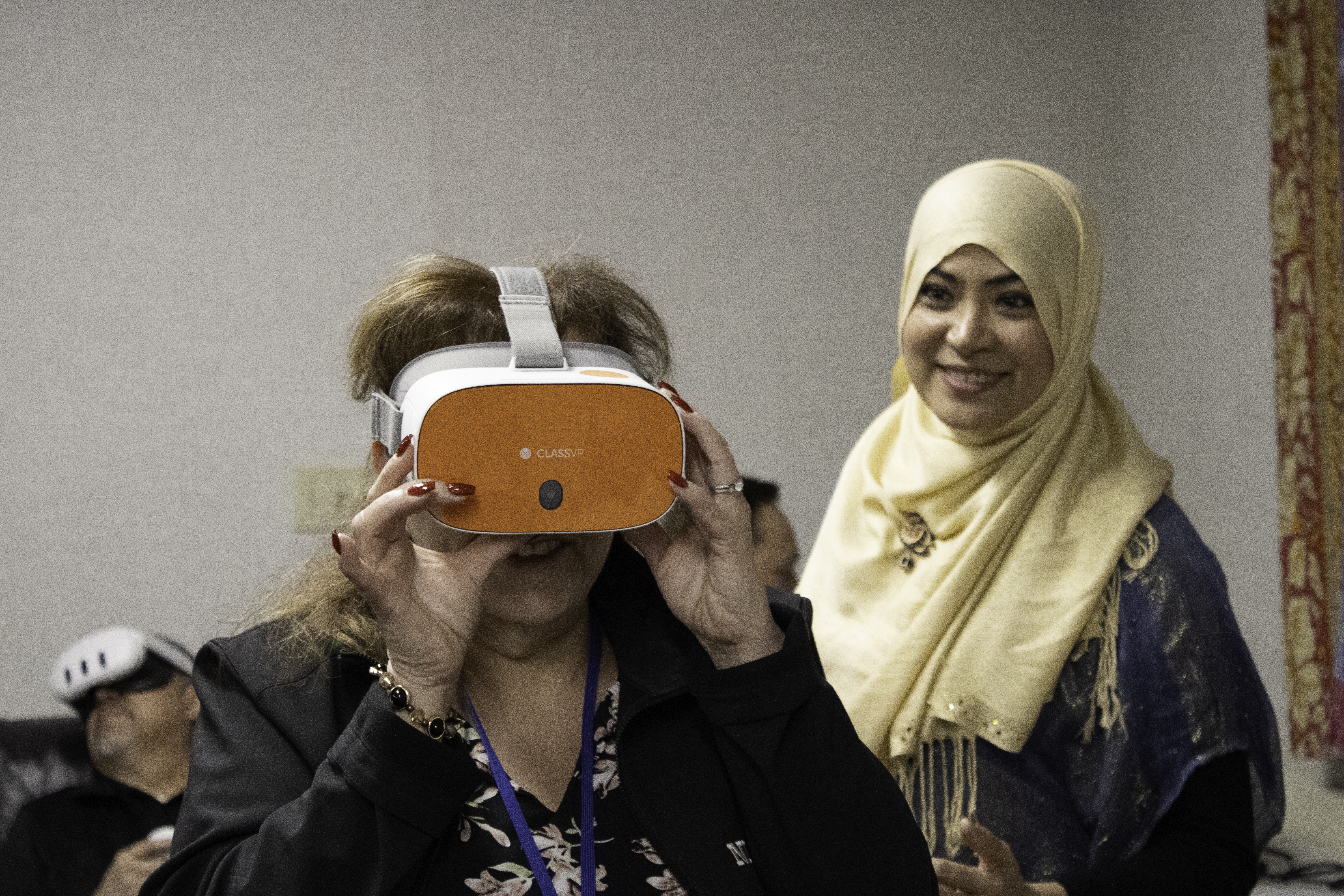 A person wearing a virtual reality headset